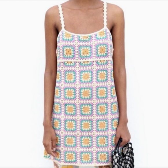 Zara Dresses & Skirts - Zara Crocheted Mini Dress Granny square Size M NWT Lined Boho Beach Festival